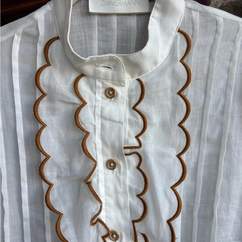 Zimmermann White Blouse Ruffle and Brown Embroidered Trim, Size 0 XS - Picture 8 of 11